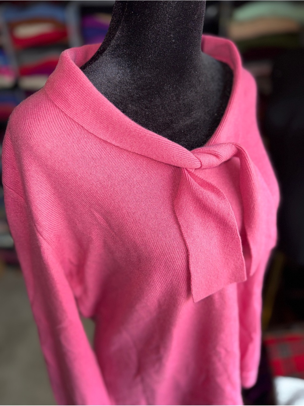 Salmon Pink Tie-Neck Women's Cashmere Sweater, L